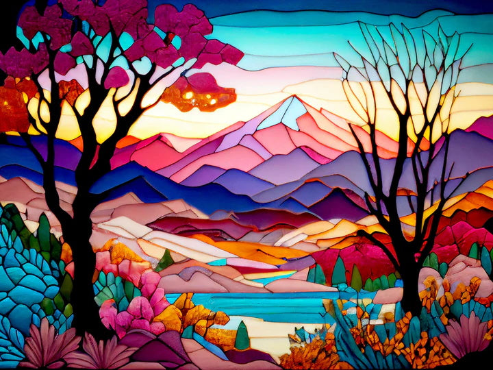 Colorful Mountain Range Stained Glass