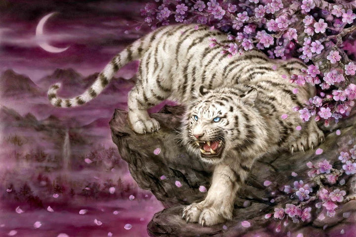 White Tiger with Cherry Blossoms