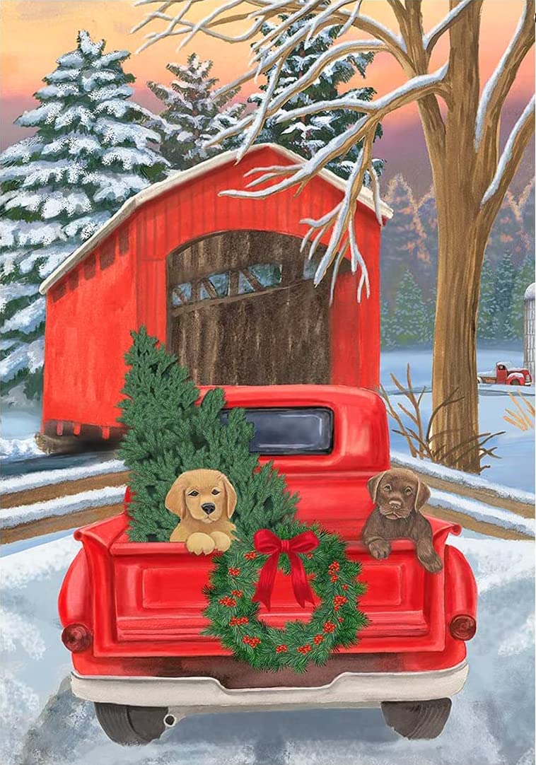 Puppies & Xmas Tree in a Red Truck